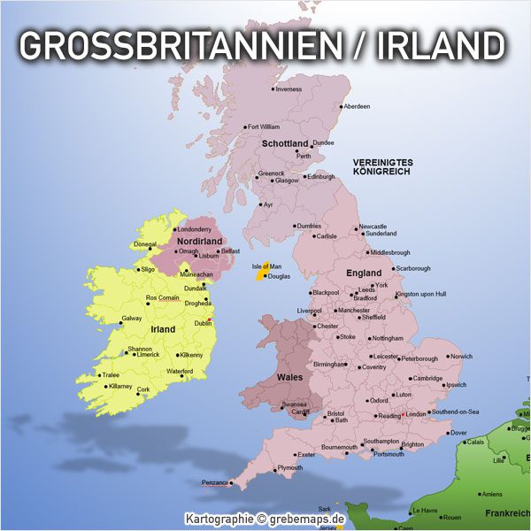 PowerPoint-Karte Großbritannien Irland mit Provinzen, Karte PowerPoint England, Karte PowerPoint Großbritannien, PowerPoint-Karte Irland Schottland Wales England