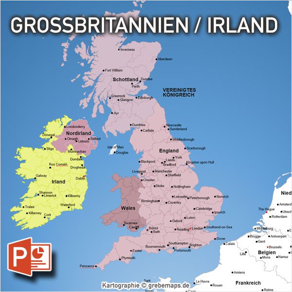 PowerPoint-Karte Großbritannien Irland mit Provinzen, Karte PowerPoint England, Karte PowerPoint Großbritannien, PowerPoint-Karte Irland Schottland Wales England