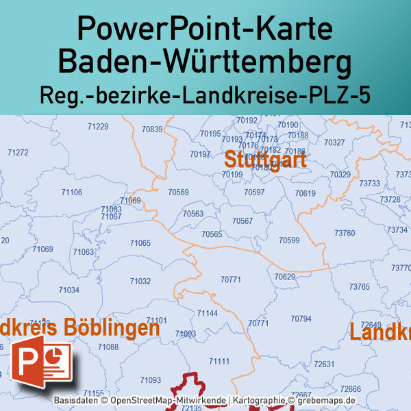 PowerPoint-Karte Baden-Württemberg Landkreise Postleitzahlen PLZ-5 (5