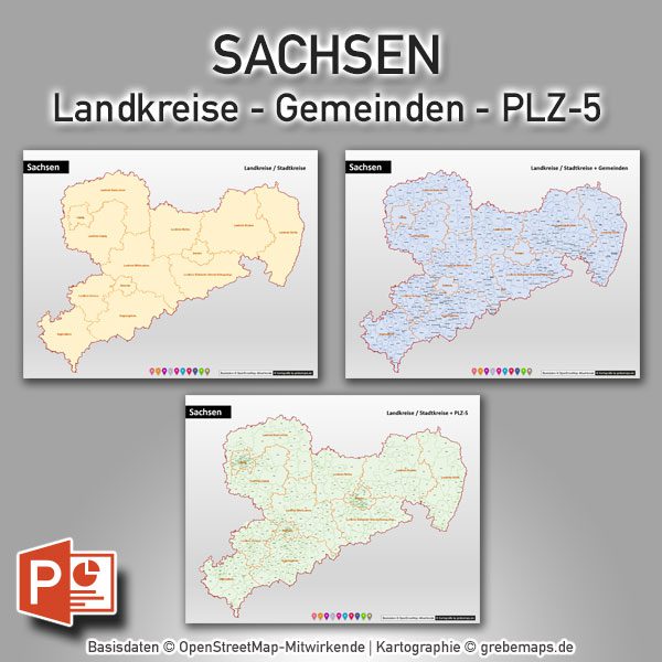 PowerPoint-Karte Sachsen Landkreise Gemeinden Postleitzahlen PLZ-5 (5-stellig), Karte PowerPoint Sachsen PLZ, Karte PowerPoint Sachsen Gemeinden, Karte PowerPoint Sachsen Landkreise