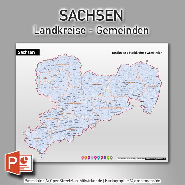 PowerPoint-Karte Sachsen Landkreise Gemeinden, Karte PowerPoint Sachsen Landkreise, Karte PowerPoint Sachsen Gemeinden