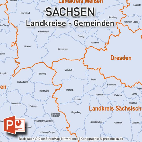 PowerPoint-Karte Sachsen Landkreise Gemeinden, Karte PowerPoint Sachsen Landkreise, Karte PowerPoint Sachsen Gemeinden
