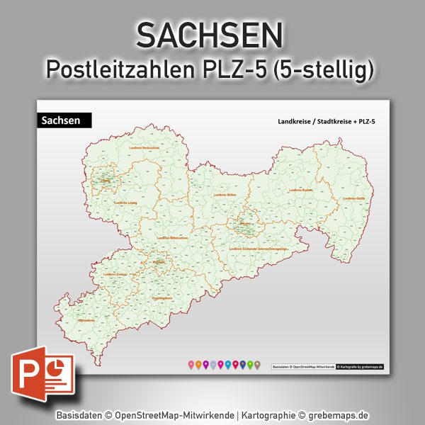 PowerPoint-Karte Sachsen Postleitzahlen PLZ-5 (5-stellig) mit Landkreisen, Karte PowerPoint Sachsen Lankreise, Karte PowerPoint Sachsen Postleitzahlen, Karte PowerPoint Sachsen PLZ, Karte PowerPoint Sachsen PLZ-5, Karte PowerPoint Sachsen PLZ 5-stellig