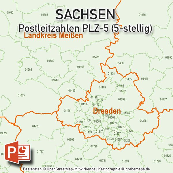 PowerPoint-Karte Sachsen Postleitzahlen PLZ-5 (5-stellig) mit Landkreisen, Karte PowerPoint Sachsen Lankreise, Karte PowerPoint Sachsen Postleitzahlen, Karte PowerPoint Sachsen PLZ, Karte PowerPoint Sachsen PLZ-5, Karte PowerPoint Sachsen PLZ 5-stellig