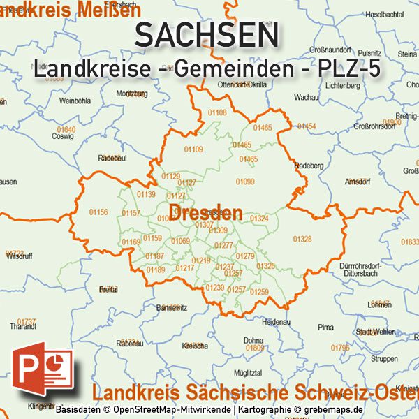 PowerPoint-Karte Sachsen Landkreise Gemeinden Postleitzahlen PLZ-5 (5-stellig), Karte PowerPoint Sachsen PLZ, Karte PowerPoint Sachsen Gemeinden, Karte PowerPoint Sachsen Landkreise