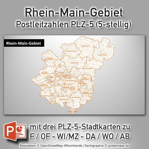 PowerPoint-Karte Rhein-Main-Gebiet Postleitzahlen PLZ-5 (PLZ 5-stellig) mit Landkreisen, Karte PowerPoint Rhein-Main-Gebiet PLZ Landkreise, PowerPoint-Landkarte Rhein-Main PLZ