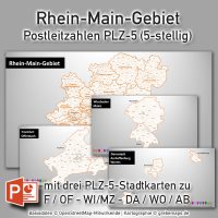 PowerPoint-Karte Rhein-Main-Gebiet Postleitzahlen PLZ-5 (PLZ 5-stellig) mit Landkreisen, Karte PowerPoint Rhein-Main-Gebiet PLZ Landkreise, PowerPoint-Landkarte Rhein-Main PLZ