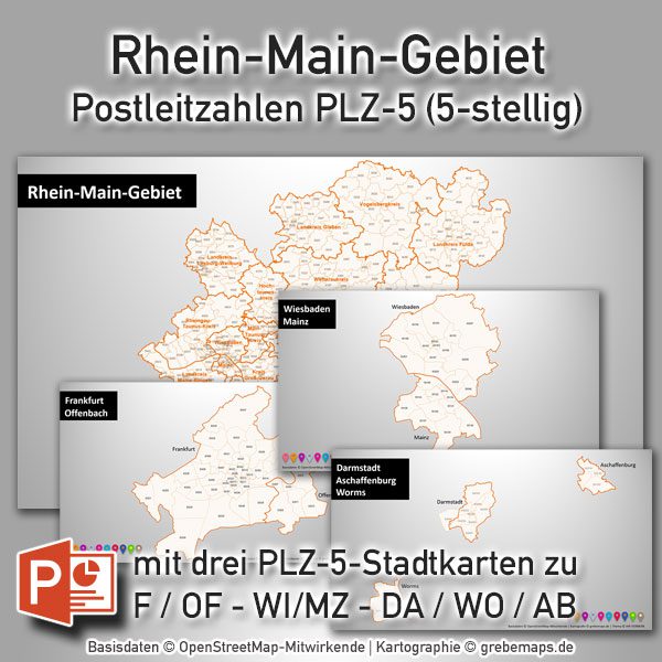 PowerPoint-Karte Rhein-Main-Gebiet Postleitzahlen PLZ-5 (PLZ 5-stellig) mit Landkreisen, Karte PowerPoint Rhein-Main-Gebiet PLZ Landkreise, PowerPoint-Landkarte Rhein-Main PLZ