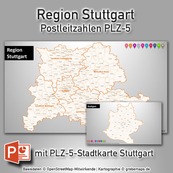 PowerPoint-Karte Region Stuttgart Postleitzahlen PLZ-5 (PLZ 5-stellig), Karte PowerPoint Region Stuttgart PLZ, Karte PowerPoint Region Stuttgart Postleitzahlen, Karte PowerPoint Region Stuttgart PLZ 5-stellig, Vektorkarte PowerPoint Region Stuttgart PLZ