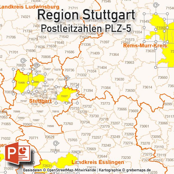 PowerPoint-Karte Region Stuttgart Postleitzahlen PLZ-5 (PLZ 5-stellig), Karte PowerPoint Region Stuttgart PLZ, Karte PowerPoint Region Stuttgart Postleitzahlen, Karte PowerPoint Region Stuttgart PLZ 5-stellig, Vektorkarte PowerPoint Region Stuttgart PLZ