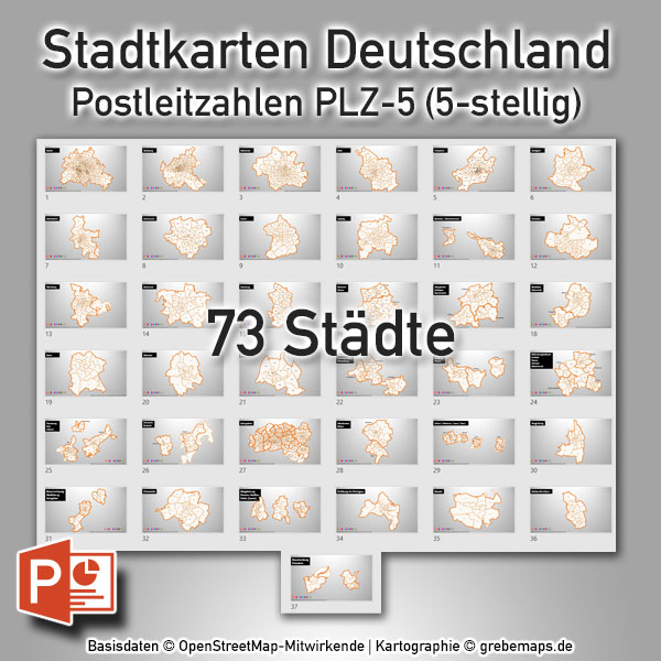 PowerPoint-Karte Stadtkarten Postleitzahlen PLZ-5 Deutschland (PLZ 5-stellig) – 73 Städte, Karte PowerPoint Postleitzahlen Berlin Hamburg München Köln