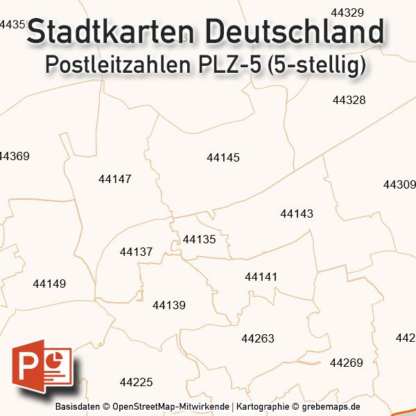 PowerPoint-Karte Stadtkarten Postleitzahlen PLZ-5 Deutschland (PLZ 5-stellig) – 73 Städte, Karte PowerPoint Postleitzahlen Berlin Hamburg München Köln