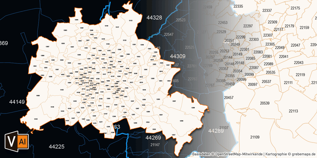 Postleitzahlen-Karten zu Städten in Deutschland, PLZ-5-Stadtkarten, Vektorkarten, AI-Dateien, download
