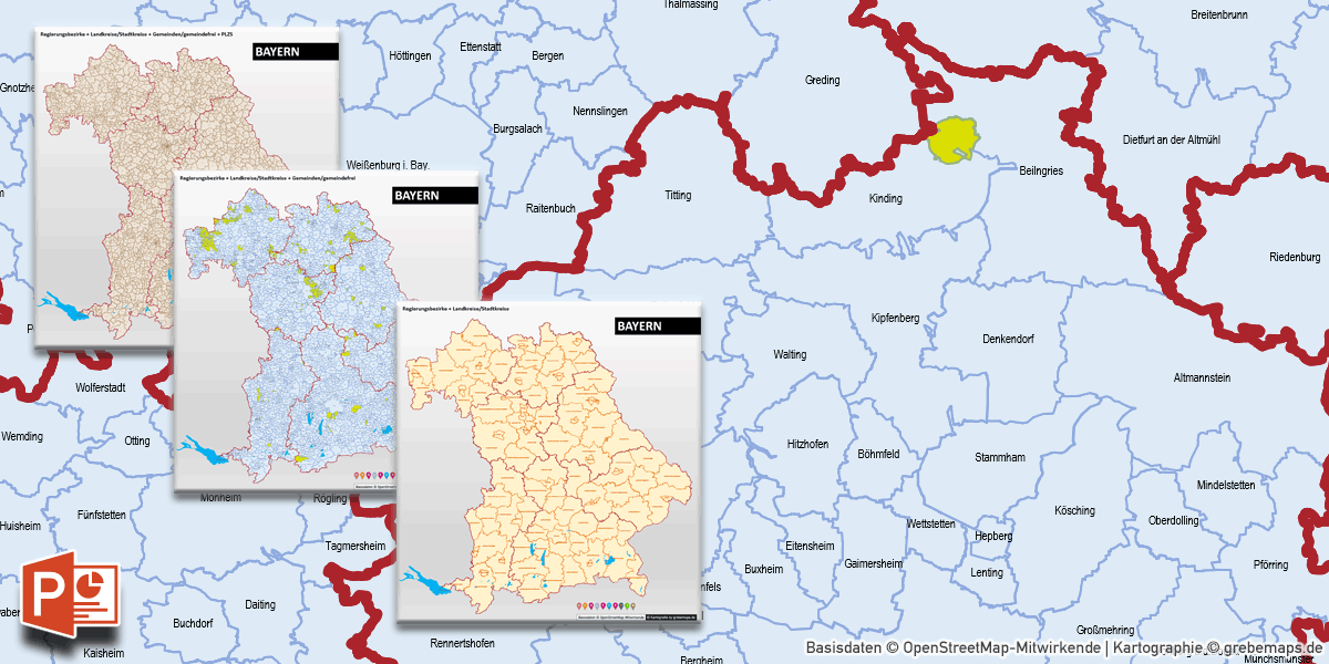 PowerPoint-Karte Bayern Landkreise Gemeinden Postleitzahlen PLZ-5 (5-stellig)