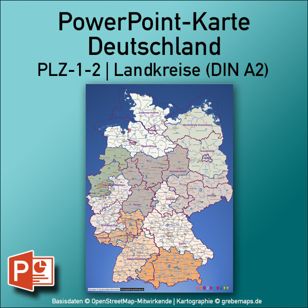 PowerPoint-Karte Deutschland Postleitzahlen PLZ-2 (2-stellig) mit Landkreisen Bundesländern (DIN A2) ausgewählten Orten, PLZ-Karte Deutschland PowerPoint, PLZ-2-Karte Deutschland PowerPoint. Karte PLZ-2 Deutschland PowerPoint, Karte PLZ 2-stellig Deutschland PowerPoint