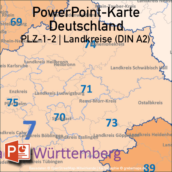 PowerPoint-Karte Deutschland Postleitzahlen PLZ-2 (2-stellig) mit Landkreisen Bundesländern (DIN A2) ausgewählten Orten, PLZ-Karte Deutschland PowerPoint, PLZ-2-Karte Deutschland PowerPoint. Karte PLZ-2 Deutschland PowerPoint, Karte PLZ 2-stellig Deutschland PowerPoint