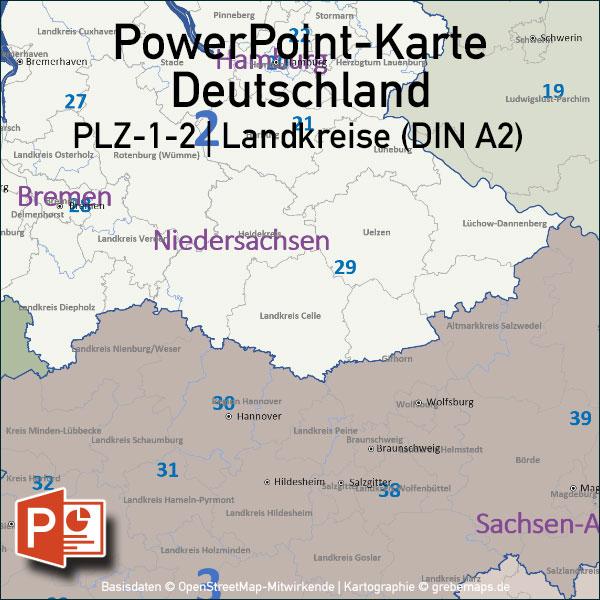 PowerPoint-Karte Deutschland Postleitzahlen PLZ-2 (2-stellig) mit Landkreisen Bundesländern (DIN A2) ausgewählten Orten, PLZ-Karte Deutschland PowerPoint, PLZ-2-Karte Deutschland PowerPoint. Karte PLZ-2 Deutschland PowerPoint, Karte PLZ 2-stellig Deutschland PowerPoint