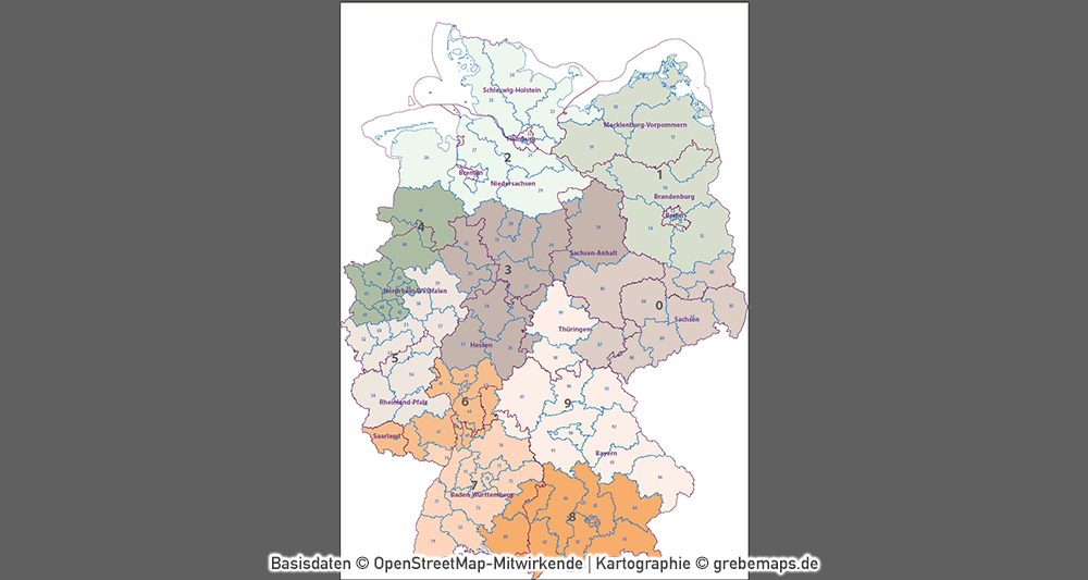 Postleitzahlen-Karte Deutschland PLZ-1-2-3 ebenen-separiert mit Landkreisen Orten Bundesländern Vektorkarte (2019), PLZ-Karte Deutschland 3-stellig, Vektorkarte PLZ Deutschland, AI-Datei, download, editierbar