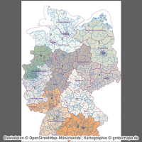 Postleitzahlen-Karte Deutschland PLZ-1-2-3 ebenen-separiert mit Landkreisen Orten Bundesländern Vektorkarte (2019), PLZ-Karte Deutschland 3-stellig, Vektorkarte PLZ Deutschland, AI-Datei, download, editierbar