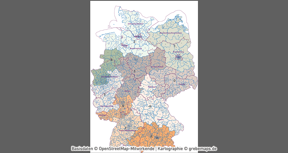 Postleitzahlen-Karte Deutschland PLZ-1-2-3 ebenen-separiert mit Landkreisen Orten Bundesländern Vektorkarte (2019), PLZ-Karte Deutschland 3-stellig, Vektorkarte PLZ Deutschland, AI-Datei, download, editierbar