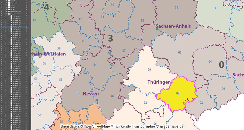 Postleitzahlen-Karte Deutschland PLZ-1-2-3 ebenen-separiert mit Landkreisen Orten Bundesländern Vektorkarte (2019), PLZ-Karte Deutschland 3-stellig, Vektorkarte PLZ Deutschland, AI-Datei, download, editierbar