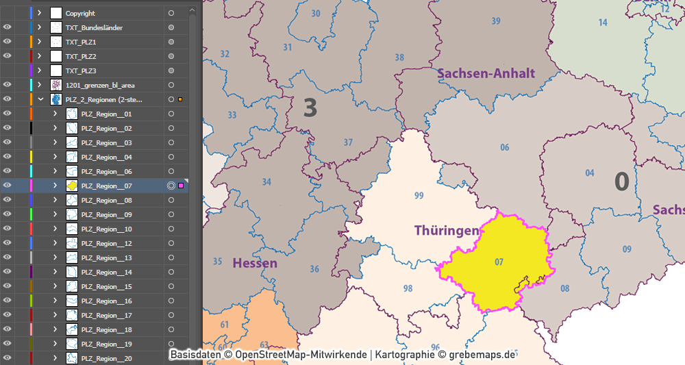 Postleitzahlen-Karte Deutschland PLZ-1-2-3 ebenen-separiert mit Landkreisen Orten Bundesländern Vektorkarte (2019), PLZ-Karte Deutschland 3-stellig, Vektorkarte PLZ Deutschland, AI-Datei, download, editierbar