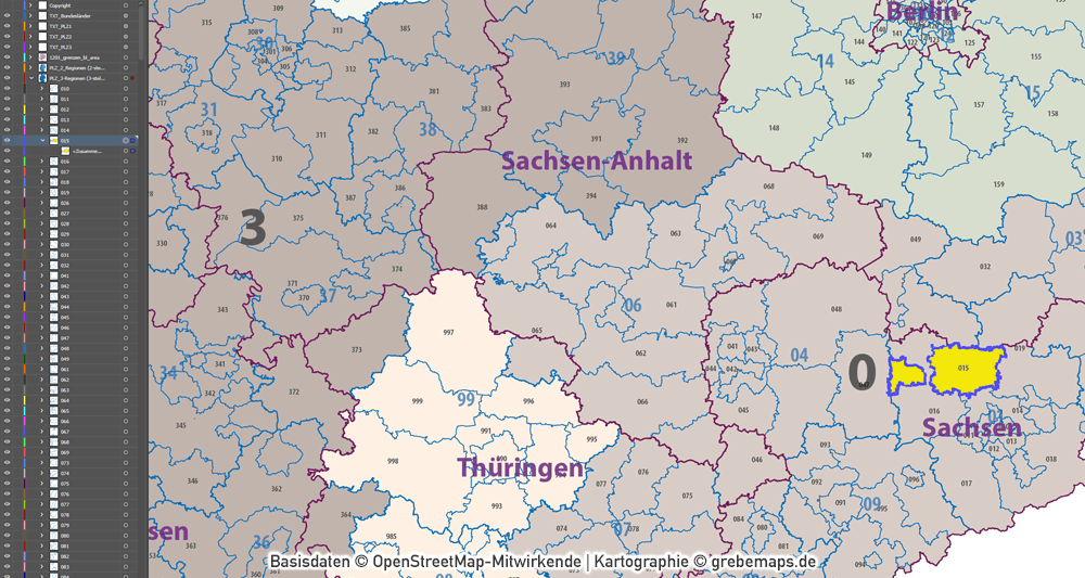 Postleitzahlen-Karte Deutschland PLZ-1-2-3 ebenen-separiert mit Landkreisen Orten Bundesländern Vektorkarte (2019), PLZ-Karte Deutschland 3-stellig, Vektorkarte PLZ Deutschland, AI-Datei, download, editierbar
