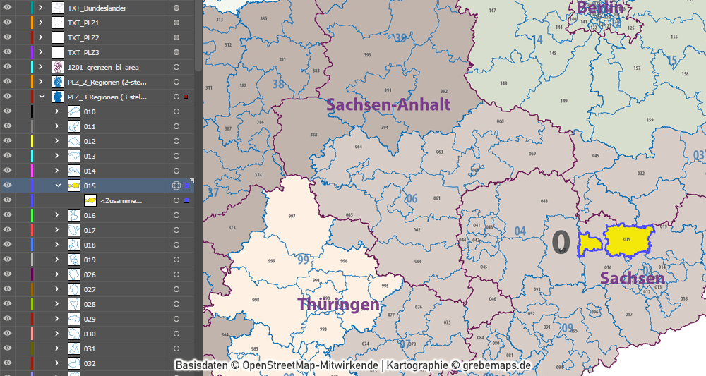 Postleitzahlen-Karte Deutschland PLZ-1-2-3 ebenen-separiert mit Landkreisen Orten Bundesländern Vektorkarte (2019), PLZ-Karte Deutschland 3-stellig, Vektorkarte PLZ Deutschland, AI-Datei, download, editierbar