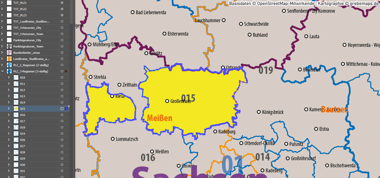 Postleitzahlen-Karte Deutschland PLZ-1-2-3 ebenen-separiert mit Landkreisen Orten Bundesländern Vektorkarte (2019), PLZ-Karte Deutschland 3-stellig, Vektorkarte PLZ Deutschland, AI-Datei, download, editierbar