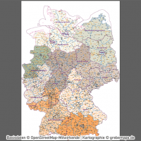 Postleitzahlen-Karte Deutschland PLZ-1-2 mit Landkreisen Bundesländern Orte Vektorkarte (2019),PLZ-Karte Deutschland 2-stellig mit Landkreisen, PLZ-Karte Vektor Deutschland, AI-Datei, editierbar, download, Karte Postleitzahlen Deutschland