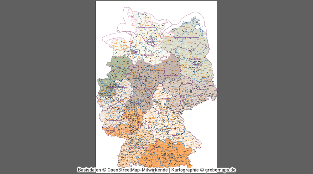Postleitzahlen-Karte Deutschland PLZ-1-2 mit Landkreisen Bundesländern Orte Vektorkarte (2019),PLZ-Karte Deutschland 2-stellig mit Landkreisen, PLZ-Karte Vektor Deutschland, AI-Datei, editierbar, download, Karte Postleitzahlen Deutschland