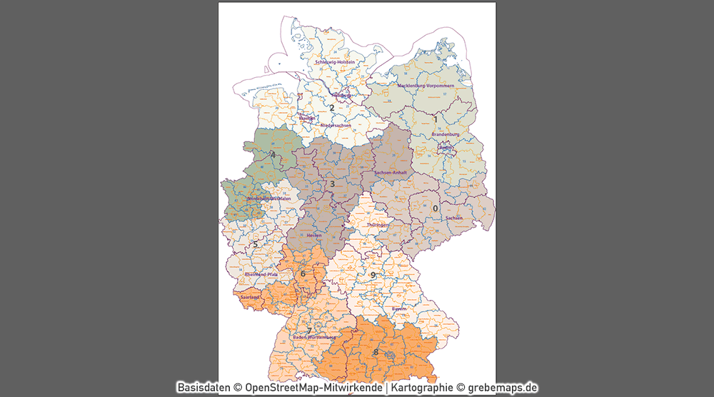 Postleitzahlen-Karte Deutschland PLZ-1-2 mit Landkreisen Bundesländern Orte Vektorkarte (2019),PLZ-Karte Deutschland 2-stellig mit Landkreisen, PLZ-Karte Vektor Deutschland, AI-Datei, editierbar, download, Karte Postleitzahlen Deutschland
