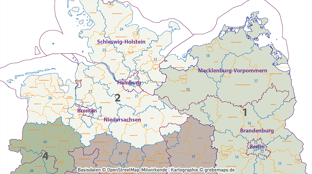 Postleitzahlen-Karte Deutschland PLZ-1-2 mit Landkreisen Bundesländern Orte Vektorkarte (2019),PLZ-Karte Deutschland 2-stellig mit Landkreisen, PLZ-Karte Vektor Deutschland, AI-Datei, editierbar, download, Karte Postleitzahlen Deutschland