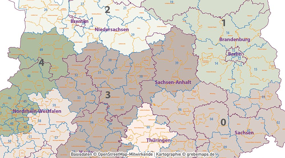 Postleitzahlen-Karte Deutschland PLZ-1-2 mit Landkreisen Bundesländern Orte Vektorkarte (2019),PLZ-Karte Deutschland 2-stellig mit Landkreisen, PLZ-Karte Vektor Deutschland, AI-Datei, editierbar, download, Karte Postleitzahlen Deutschland