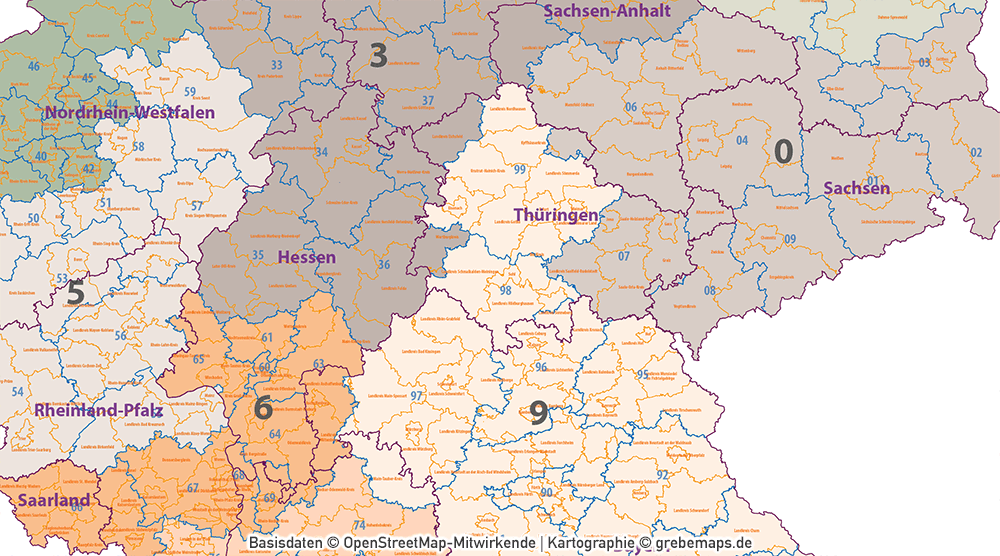 Postleitzahlen-Karte Deutschland PLZ-1-2 mit Landkreisen Bundesländern Orte Vektorkarte (2019),PLZ-Karte Deutschland 2-stellig mit Landkreisen, PLZ-Karte Vektor Deutschland, AI-Datei, editierbar, download, Karte Postleitzahlen Deutschland