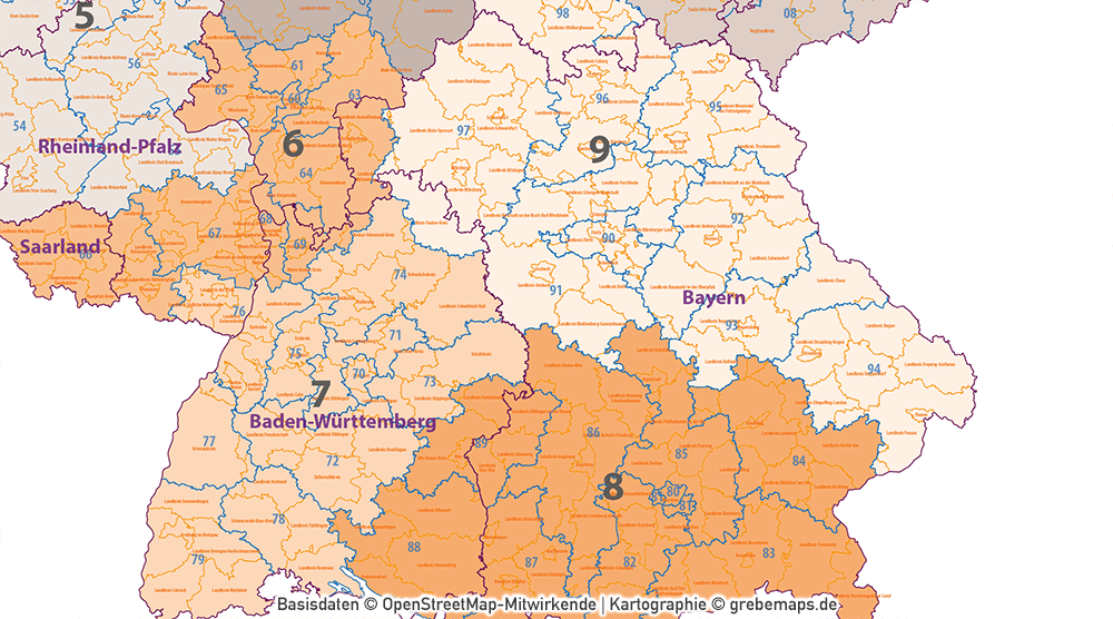 PostleitzahlenKarte Deutschland PLZ12 mit Landkreisen Bundesländern Orte Vektorkarte (2019