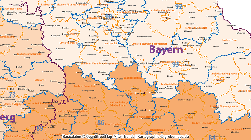 Postleitzahlen-Karte Deutschland PLZ-1-2 mit Landkreisen Bundesländern Orte Vektorkarte (2019),PLZ-Karte Deutschland 2-stellig mit Landkreisen, PLZ-Karte Vektor Deutschland, AI-Datei, editierbar, download, Karte Postleitzahlen Deutschland