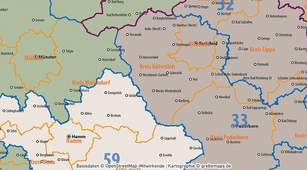 Postleitzahlen-Karte Deutschland PLZ-1-2 mit Landkreisen Bundesländern Orte Vektorkarte (2019),PLZ-Karte Deutschland 2-stellig mit Landkreisen, PLZ-Karte Vektor Deutschland, AI-Datei, editierbar, download, Karte Postleitzahlen Deutschland