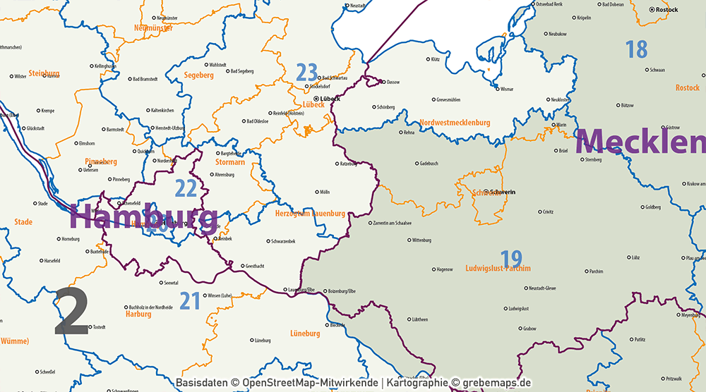Postleitzahlen-Karte Deutschland PLZ-1-2 mit Landkreisen Bundesländern Orte Vektorkarte (2019),PLZ-Karte Deutschland 2-stellig mit Landkreisen, PLZ-Karte Vektor Deutschland, AI-Datei, editierbar, download, Karte Postleitzahlen Deutschland