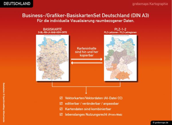 Business-/Grafiker-BasiskartenSet Deutschland Landkreise Autobahnen Orte Postleitzahlen PLZ-1-2 Vektorkarte DIN A3 (2019), Karten-Bundle bestehend aus zwei Deutschlandkarten. Karteninhalte können Sie hin und her kopieren.