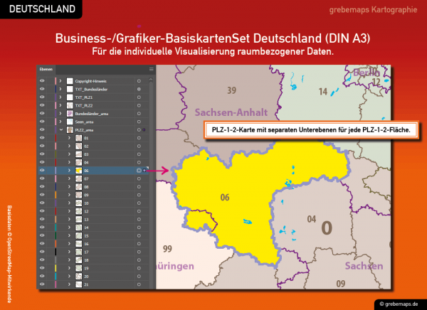 Business-/Grafiker-BasiskartenSet Deutschland Landkreise Autobahnen Orte Postleitzahlen PLZ-1-2 Vektorkarte DIN A3 (2019), Karten-Bundle bestehend aus zwei Deutschlandkarten. Karteninhalte können Sie hin und her kopieren.