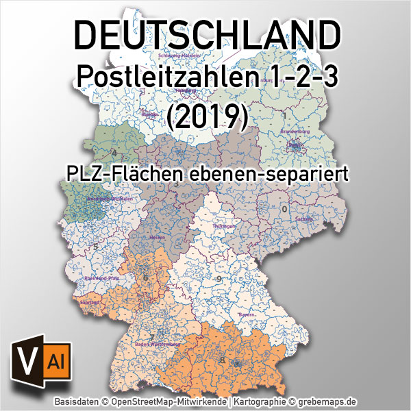 Postleitzahlen-Karte Deutschland PLZ-1-2-3 ebenen-separiert mit Landkreisen Orten Bundesländern Vektorkarte (2019), PLZ-Karte Deutschland 3-stellig, Vektorkarte PLZ Deutschland, AI-Datei, download, editierbar