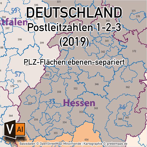 Postleitzahlen-Karte Deutschland PLZ-1-2-3 ebenen-separiert mit Landkreisen Orten Bundesländern Vektorkarte (2019), PLZ-Karte Deutschland 3-stellig, Vektorkarte PLZ Deutschland, AI-Datei, download, editierbar