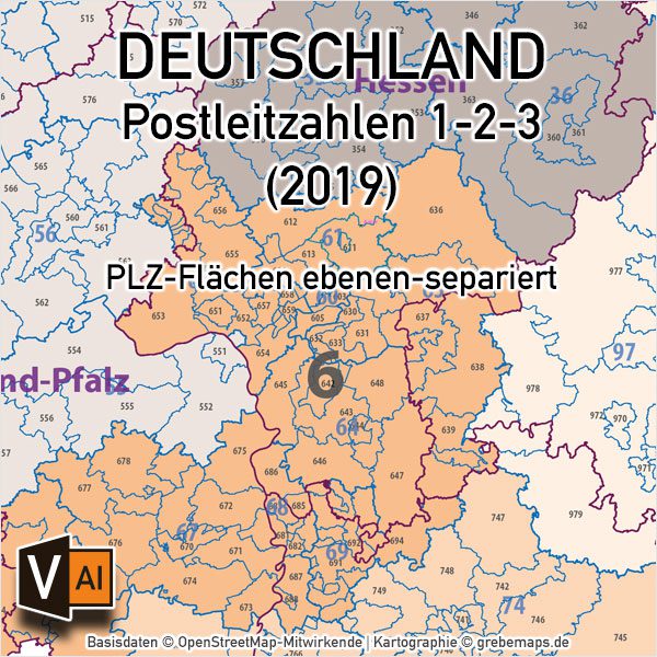 Postleitzahlen-Karte Deutschland PLZ-1-2-3 ebenen-separiert mit Landkreisen Orten Bundesländern Vektorkarte (2019), PLZ-Karte Deutschland 3-stellig, Vektorkarte PLZ Deutschland, AI-Datei, download, editierbar