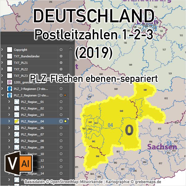 Postleitzahlen-Karte Deutschland PLZ-1-2-3 ebenen-separiert mit Landkreisen Orten Bundesländern Vektorkarte (2019), PLZ-Karte Deutschland 3-stellig, Vektorkarte PLZ Deutschland, AI-Datei, download, editierbar