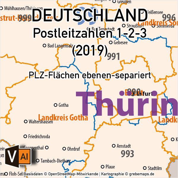 Postleitzahlen-Karte Deutschland PLZ-1-2-3 ebenen-separiert mit Landkreisen Orten Bundesländern Vektorkarte (2019), PLZ-Karte Deutschland 3-stellig, Vektorkarte PLZ Deutschland, AI-Datei, download, editierbar