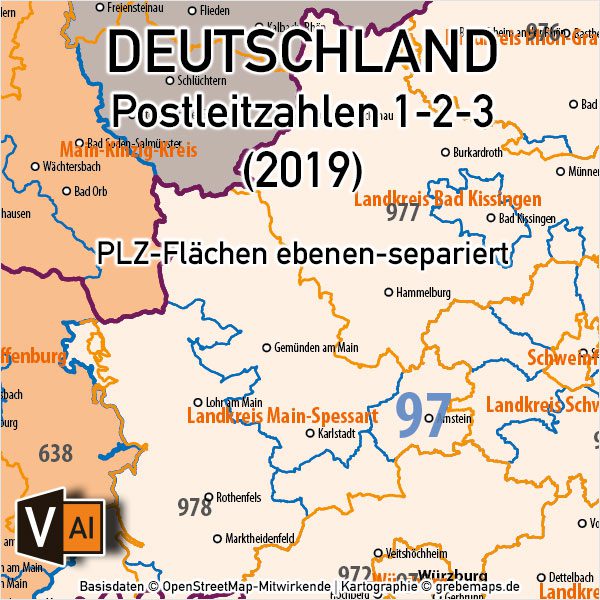 Postleitzahlen-Karte Deutschland PLZ-1-2-3 ebenen-separiert mit Landkreisen Orten Bundesländern Vektorkarte (2019), PLZ-Karte Deutschland 3-stellig, Vektorkarte PLZ Deutschland, AI-Datei, download, editierbar