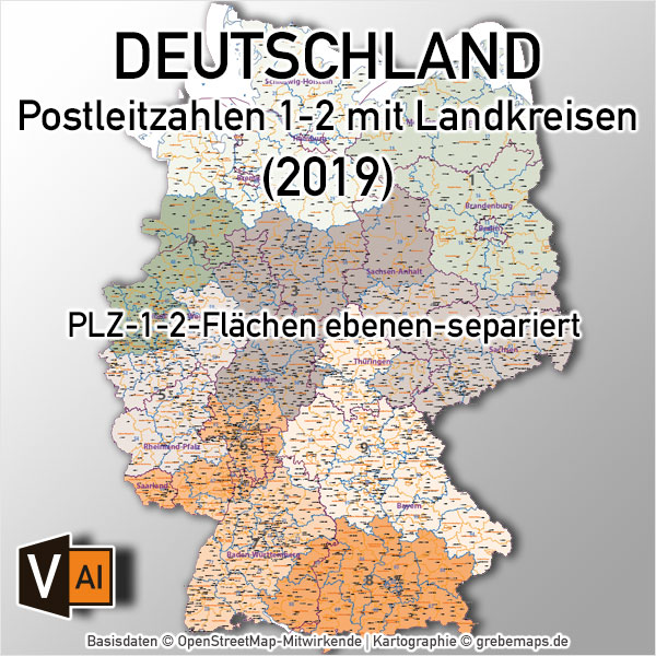 Postleitzahlen-Karte Deutschland PLZ-1-2 mit Landkreisen Bundesländern Orte Vektorkarte (2019),PLZ-Karte Deutschland 2-stellig mit Landkreisen, PLZ-Karte Vektor Deutschland, AI-Datei, editierbar, download, Karte Postleitzahlen Deutschland