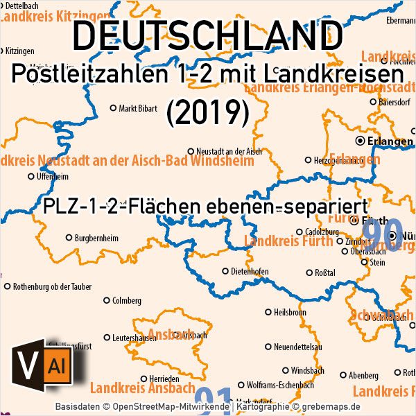 Postleitzahlen-Karte Deutschland PLZ-1-2 mit Landkreisen Bundesländern Orte Vektorkarte (2019),PLZ-Karte Deutschland 2-stellig mit Landkreisen, PLZ-Karte Vektor Deutschland, AI-Datei, editierbar, download, Karte Postleitzahlen Deutschland