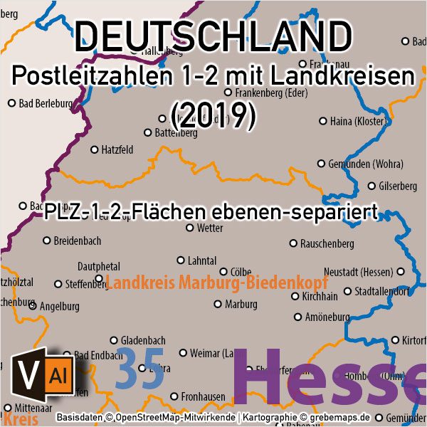 Postleitzahlen-Karte Deutschland PLZ-1-2 mit Landkreisen Bundesländern Orte Vektorkarte (2019),PLZ-Karte Deutschland 2-stellig mit Landkreisen, PLZ-Karte Vektor Deutschland, AI-Datei, editierbar, download, Karte Postleitzahlen Deutschland